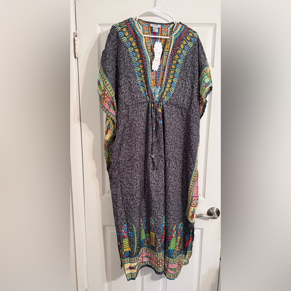 Charcoal V-Neck Embroidered Boho Tunic Dress